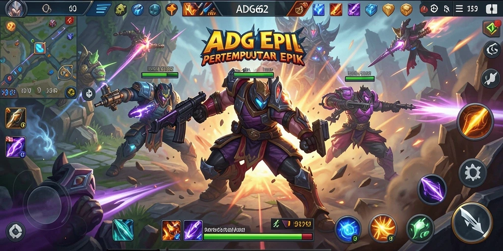 Tangkapan layar utama menunjukkan pertarungan seru dalam game MOBA.