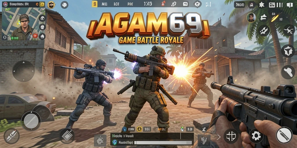 Tampilan utama gameplay AGAM69 dalam pertempuran Battle Royale.