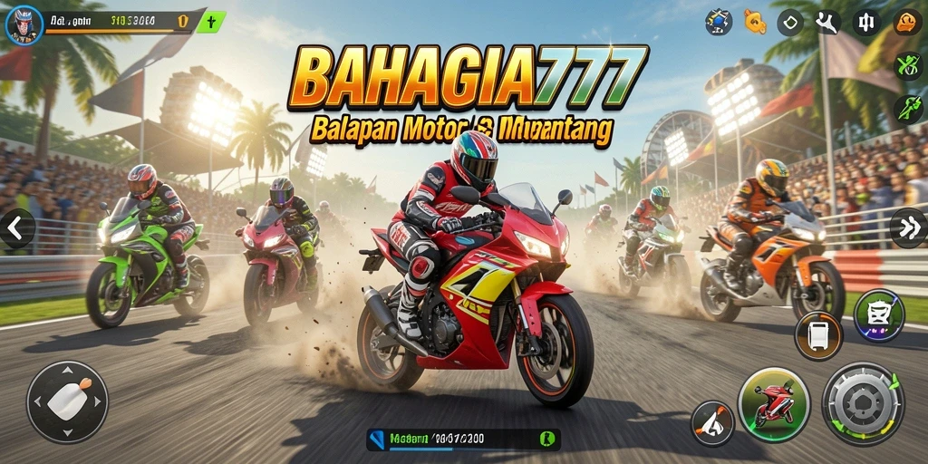 Screenshot gameplay BAHAGIA777 menampilkan aksi balapan motor yang mendebarkan.