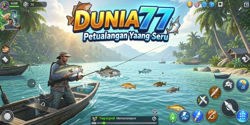 Screenshot gameplay DUNIA77 yang menampilkan aksi memancing yang seru.