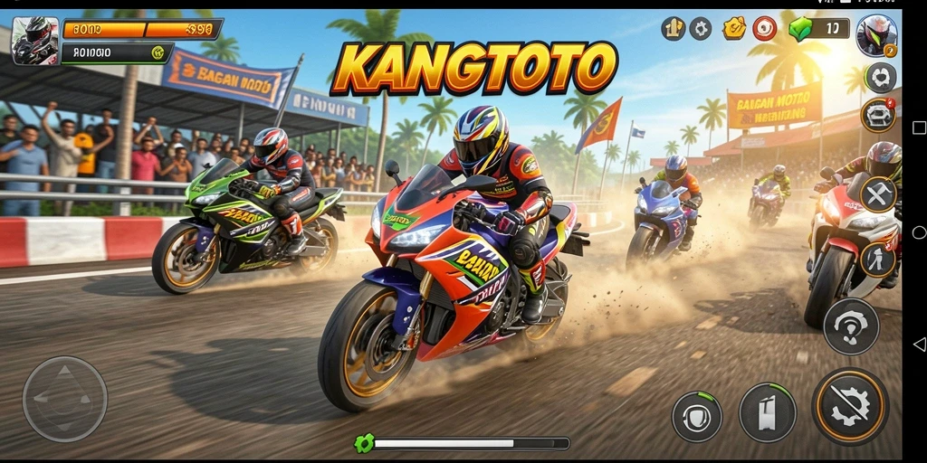 Screenshot gameplay KANGTOTO menampilkan aksi balapan motor yang seru.
