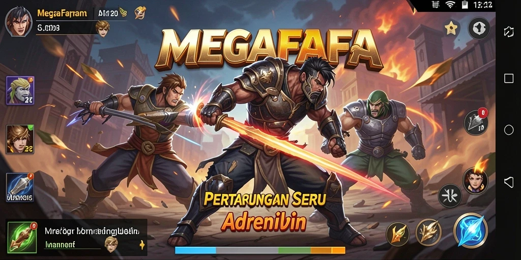 Screenshot gameplay MEGAFAFA menampilkan pertarungan epik dan karakter yang fantastis.