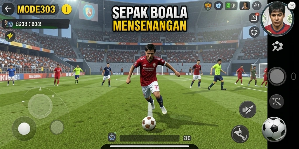 Screenshot dari gameplay MODE303 menampilkan aksi seru di lapangan sepak bola.