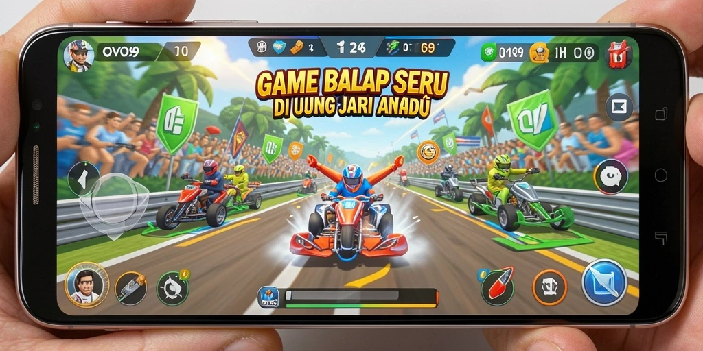 Screenshot utama OVO99 menunjukkan gameplay balap yang seru dengan grafik realistis.
