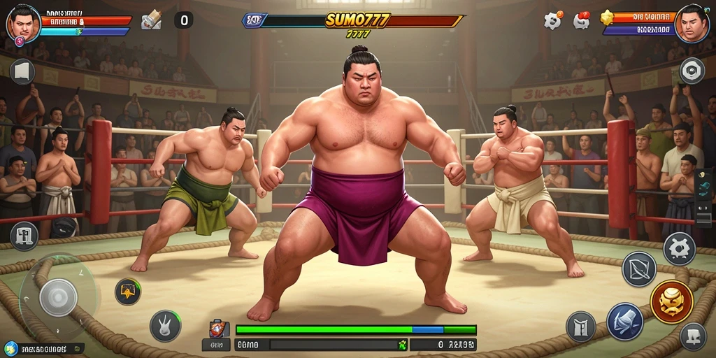 Tampilan gameplay menarik dari SUMO777 di arena gulat.